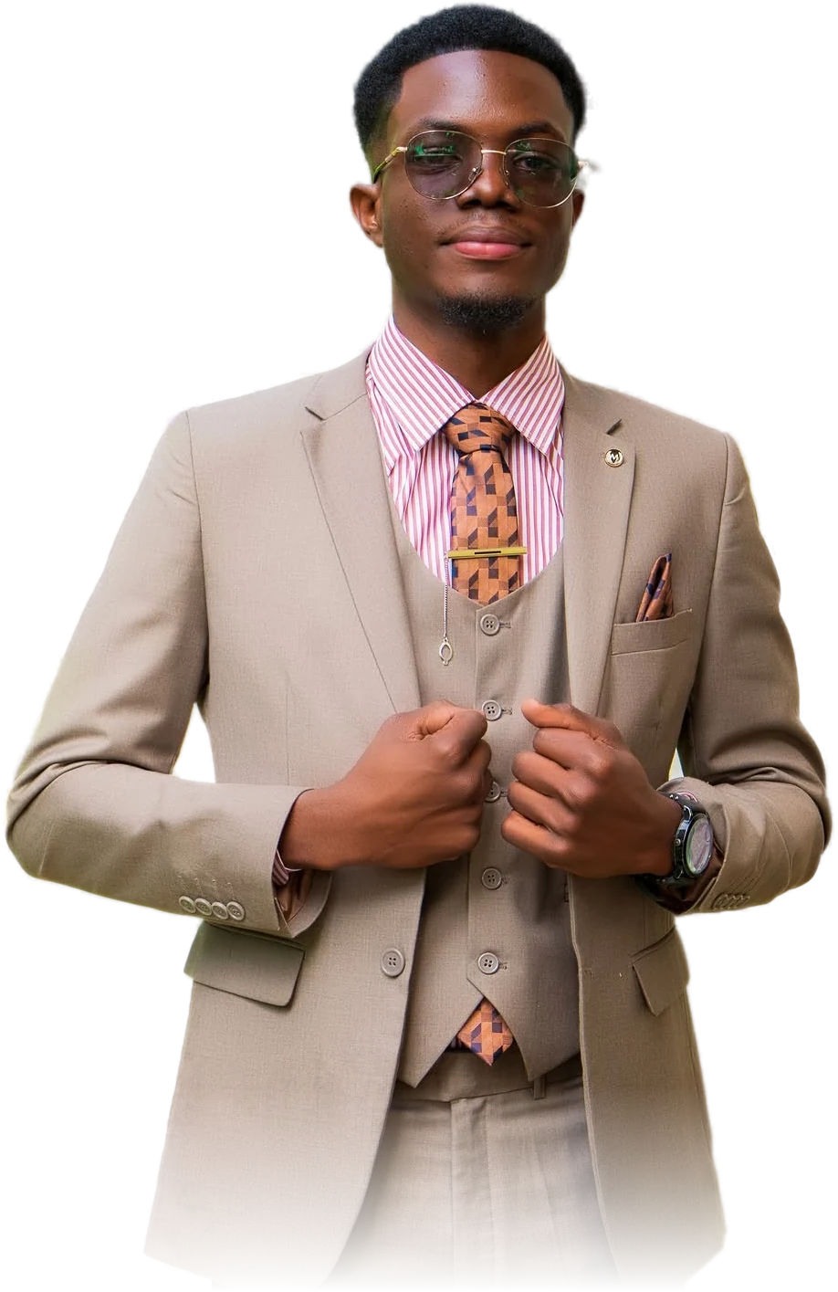 Kayesi Blessed in a beige three-piece suit